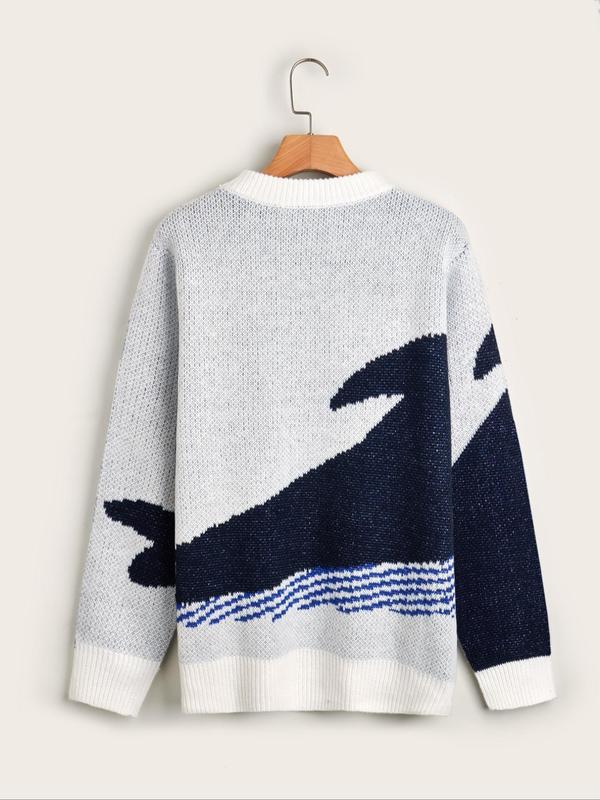 Men's Whale Print Drop Shoulder Sweater, Regular Fit Casual Long Sleeve Round Neck Jumper for Fall & Winter, Fashion Men's Knitwear for Daily Wear