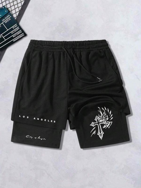 Men's 2 In 1 Letter & Cross Print Shorts, Casual Drawstring Waist Pocket Shorts for Summer, Fashion Men's Bottoms for Daily Streetwear