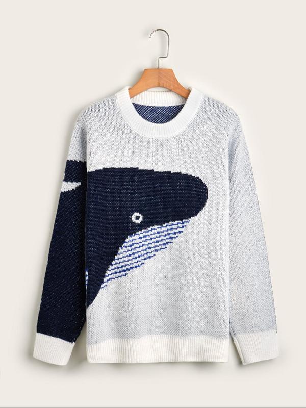 Men's Whale Print Drop Shoulder Sweater, Regular Fit Casual Long Sleeve Round Neck Jumper for Fall & Winter, Fashion Men's Knitwear for Daily Wear