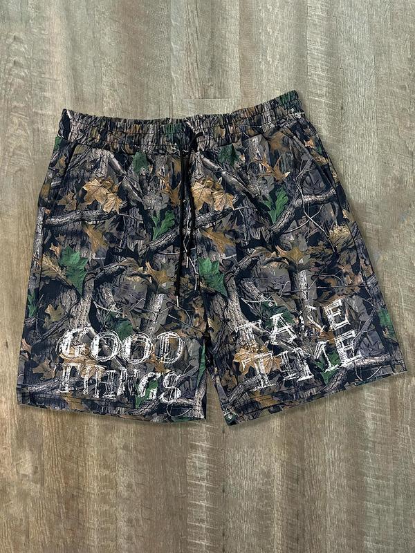 Men's Plants & Letter Print Drawstring Waist Shorts, Regular Fit Casual Pocket Shorts for Summer, Fashion Men's Bottoms for Daily Wear