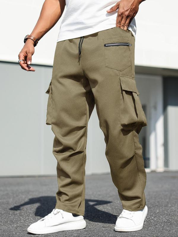  Men's Solid Flap Pocket Cargo Pants, Regular Fit Casual Drawstring Waist Trousers for Daily Wear, Men's Bottoms for All Seasons