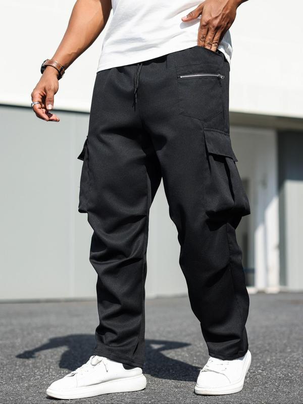  Men's Solid Flap Pocket Cargo Pants, Regular Fit Casual Drawstring Waist Trousers for Daily Wear, Men's Bottoms for All Seasons