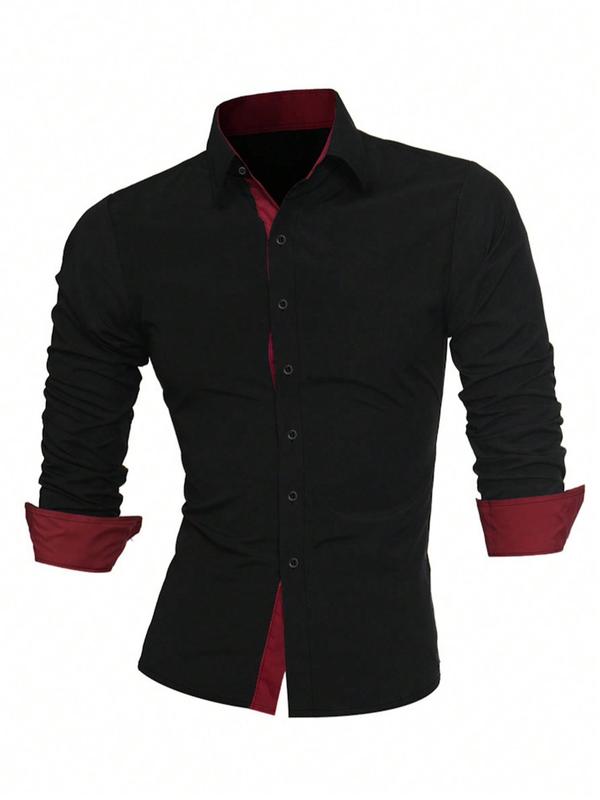 Men's Regular Fit Patchwork Print Button Front Shirt, Casual Long Sleeve Collared Top for Summer, Menswear for Daily Wear