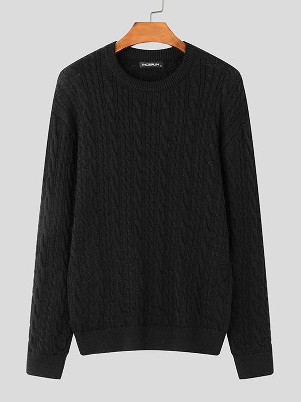 Men's Solid Drop Shoulder Cable Knit Sweater, Loose Casual Long Sleeve Round Neck Jumper for Fall & Winter, Fashion Men's Knitwear for Daily Wear