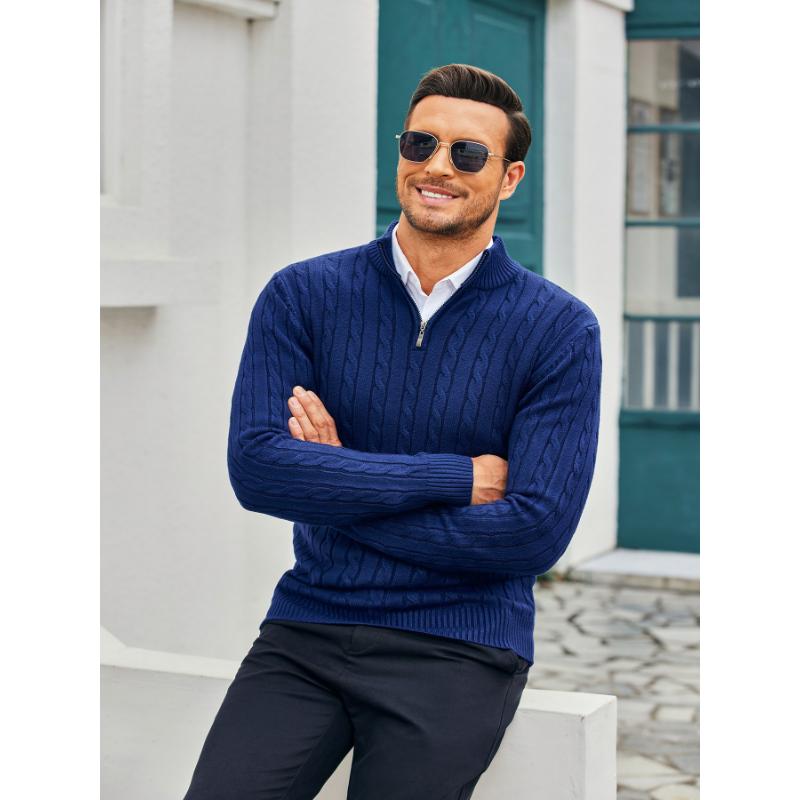 Men's Slim Fit Casual Knitted Turtleneck Pullover Mock Neck Polo Sweater Quarter Zip Sweater