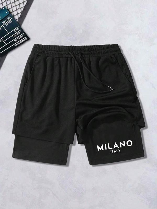 Men's 2 In 1 Letter & Cross Print Shorts, Casual Drawstring Waist Pocket Shorts for Summer, Fashion Men's Bottoms for Daily Streetwear