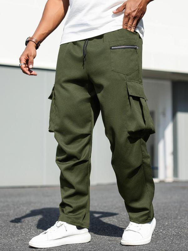  Men's Solid Flap Pocket Cargo Pants, Regular Fit Casual Drawstring Waist Trousers for Daily Wear, Men's Bottoms for All Seasons