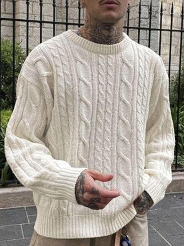 Men's Solid Drop Shoulder Cable Knit Sweater, Loose Casual Long Sleeve Round Neck Jumper for Fall & Winter, Fashion Men's Knitwear for Daily Wear