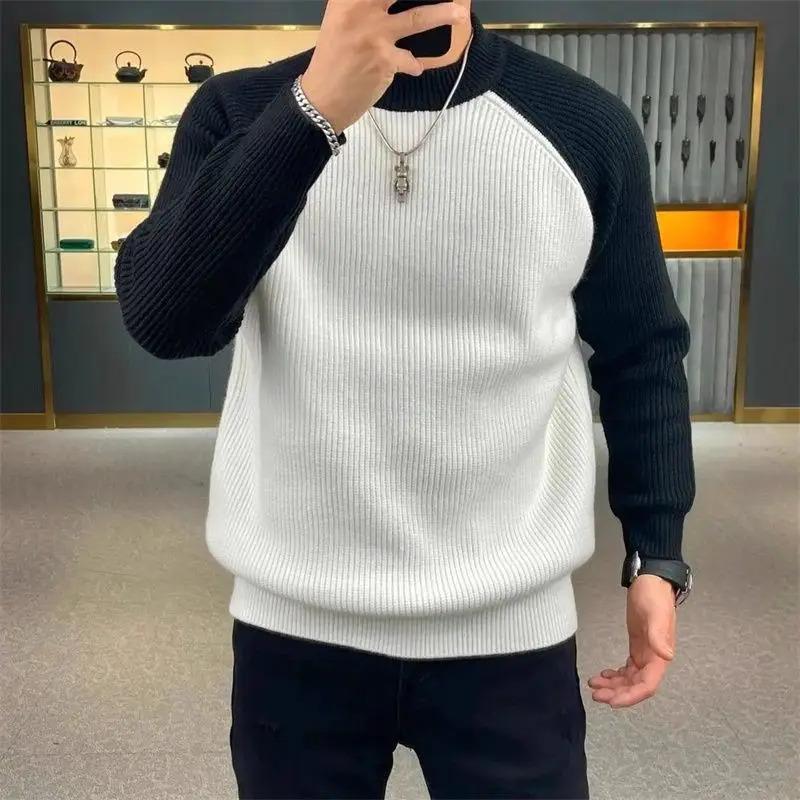 Autumn Winter Mens Sweaters Casual Warm Loose Fashion Patchwork Pullover Retro Harajuku Round Neck Knitted Bottoming Shirt