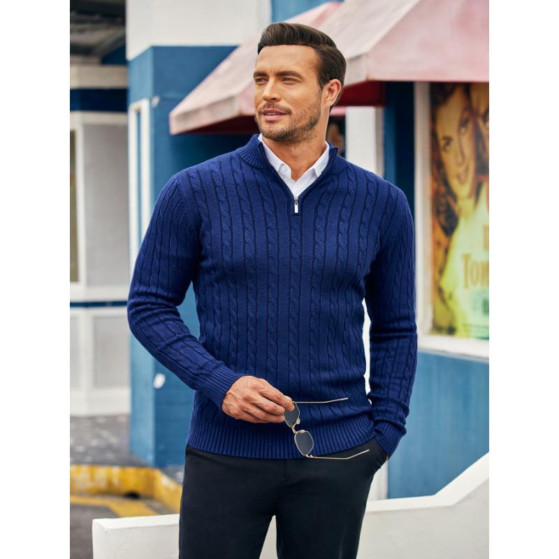 Men's Slim Fit Casual Knitted Turtleneck Pullover Mock Neck Polo Sweater Quarter Zip Sweater