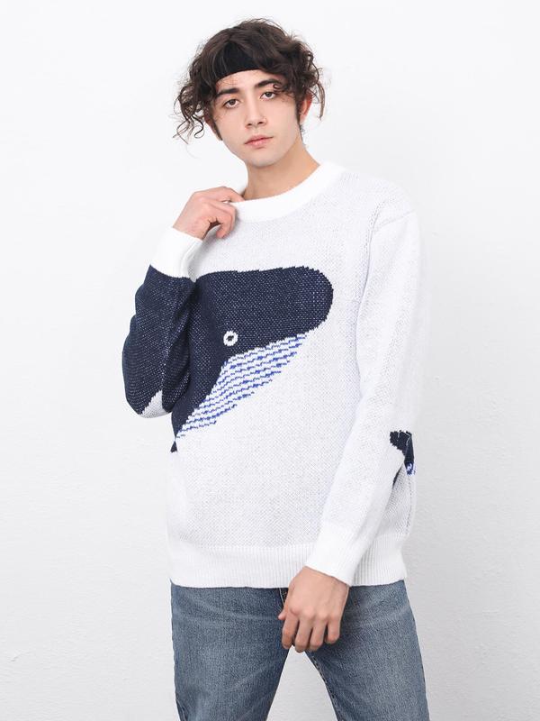 Men's Whale Print Drop Shoulder Sweater, Regular Fit Casual Long Sleeve Round Neck Jumper for Fall & Winter, Fashion Men's Knitwear for Daily Wear