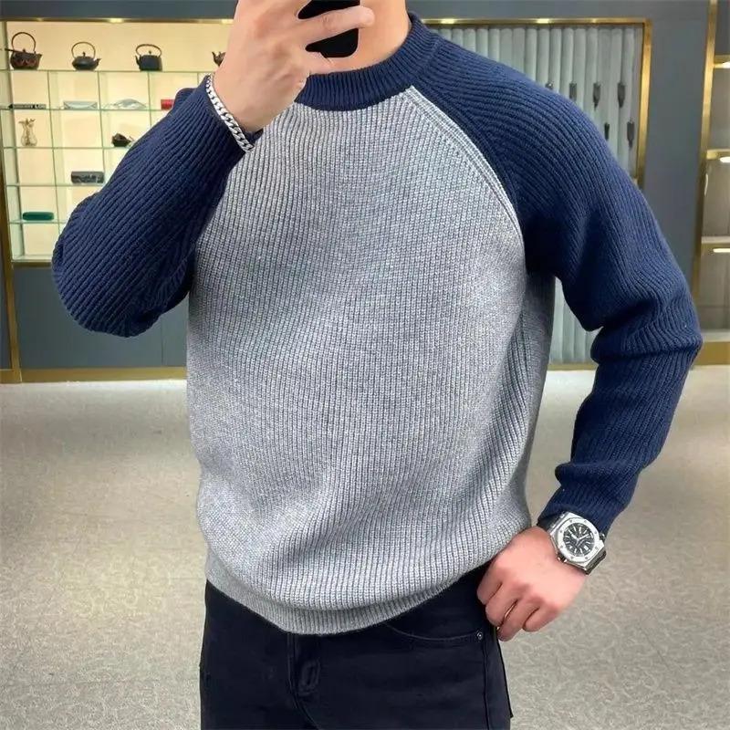 Autumn Winter Mens Sweaters Casual Warm Loose Fashion Patchwork Pullover Retro Harajuku Round Neck Knitted Bottoming Shirt