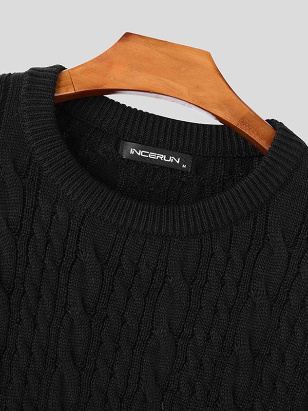 Men's Solid Drop Shoulder Cable Knit Sweater, Loose Casual Long Sleeve Round Neck Jumper for Fall & Winter, Fashion Men's Knitwear for Daily Wear