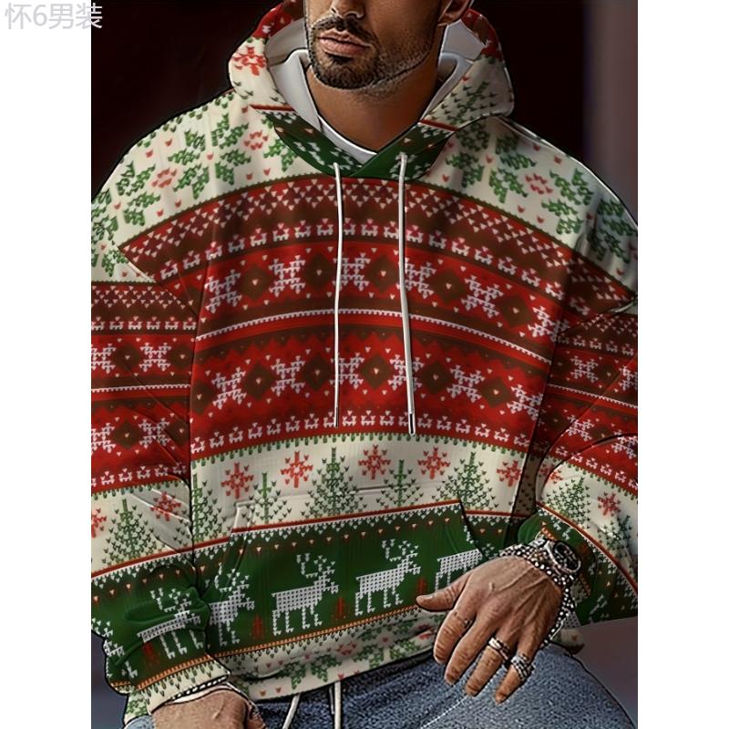 Men's Christmas Theme Hooded Sweatsuit Polyester Sports Set with Slight Stretch, Long Sleeve Sweater and Pants, Casual Daily Wear for Spring Fall Clothing Fabric Menswear Collar Menswear Collar Tops Longsleeves Gamis Festive