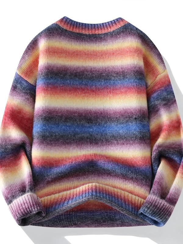 Men's Colorblock Rainbow Striped Print Round Neck Sweater, Regular Fit Casual Long Sleeve Crew Neck Jumper for Fall & Winter, Fashion Men's Knitwear for Daily Wear