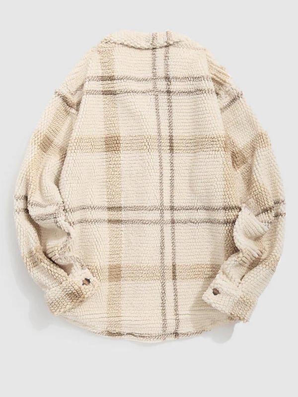 Men's Plaid Print Button Front Fleece Jacket, Casual Regular Fit Long Sleeve Collared Outerwear for Fall & Winter, Jackets for Men 2024, Men's Clothes for Daily Wear