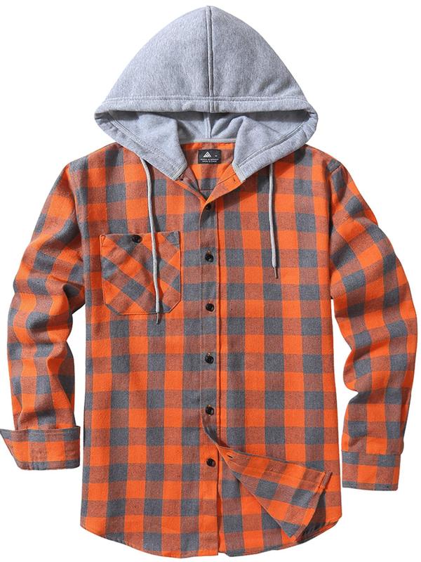  Plaid Print Button Front Drawstring Hooded Shirt, Casual Regular Fit Long Sleeve Pocket Top for Daily Wear, Men's Clothing for All Seasons