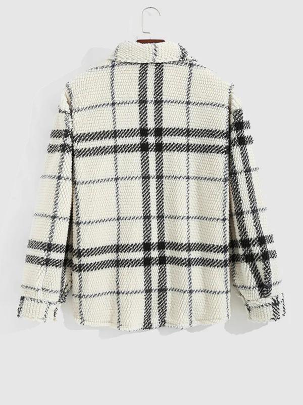 Men's Plaid Print Button Front Pocket Fleece Jacket, Regular Fit Casual Long Sleeve Collared Outerwear for Fall & Winter, Men's Clothes for Daily Wear