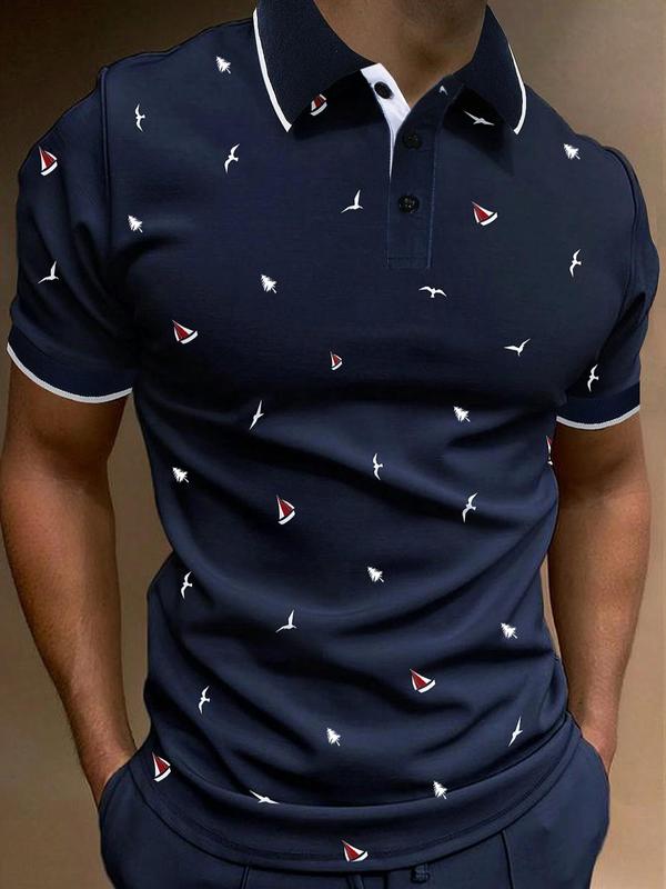 Men's All Over Print Contrast Binding Half Placket Polo Shirt, Regular Fit Casual Streetwear Short Sleeve Button Front Top for Summer, Polo Shirts Men, Menswear for Daily Wear