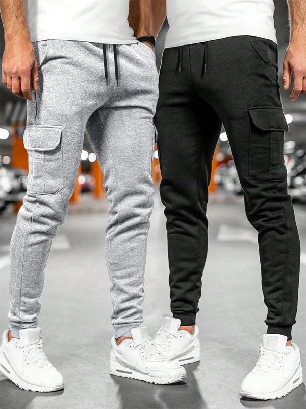 Men's Solid Patched Drawstring Waist Pants, Casual Comfy Pocket Jogger Trousers for Daily Wear, Men's Bottoms for All Seasons