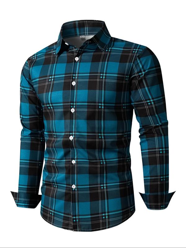 Men's Random Plaid Print Button Front Shirt, Casual Regular Fit Long Sleeve Collared Top for Fall & Winter, Men's Clothes for Daily Wear