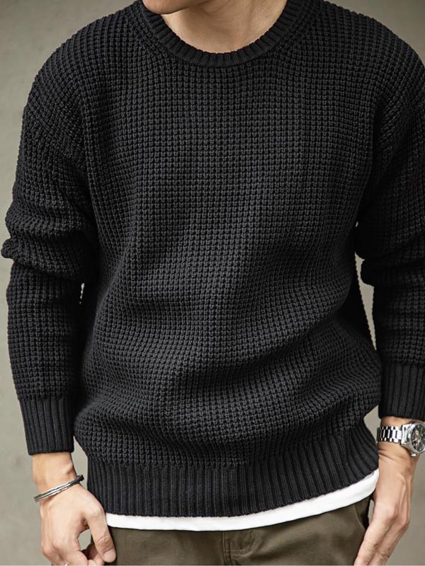 Men's Plain Waffle Knit Sweater, Regular Fit Casual Long Sleeve Round Neck Jumper for Fall & Winter,  Fall Sweater, Men's Knitwear for Daily Wear