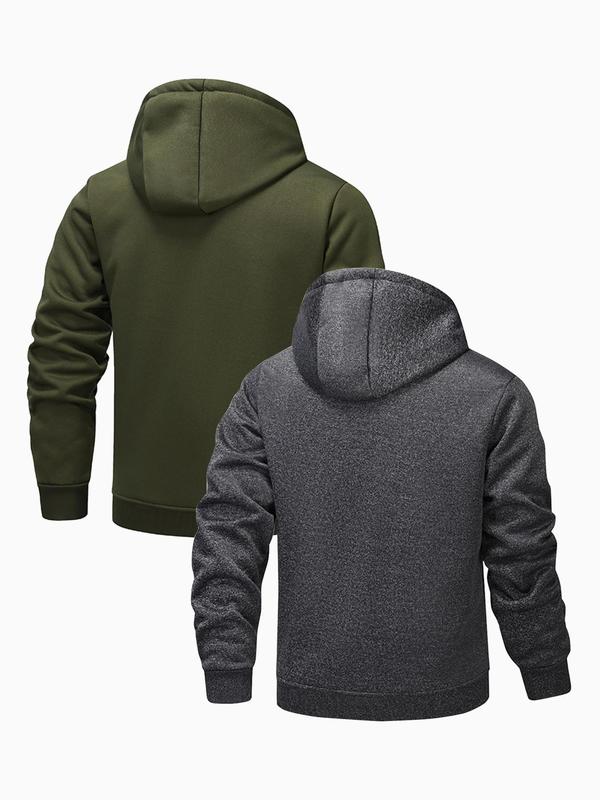 Men's Solid Zip Up Fleece Hooded Jacket, Regular Fit Casual Long Sleeve Drawstring Pocket Outerwear for Fall & Winter, Men's Clothes for Daily Wear