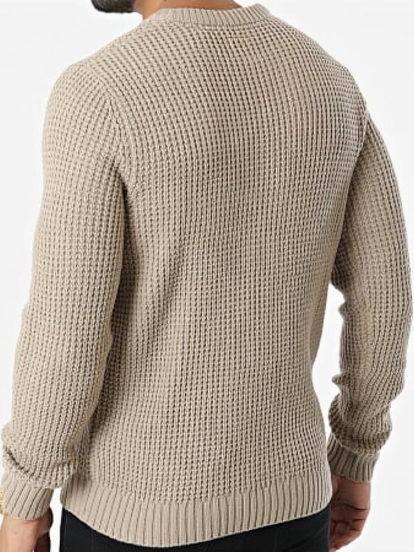 Men's Plain Waffle Knit Sweater, Regular Fit Casual Long Sleeve Round Neck Jumper for Fall & Winter,  Fall Sweater, Men's Knitwear for Daily Wear