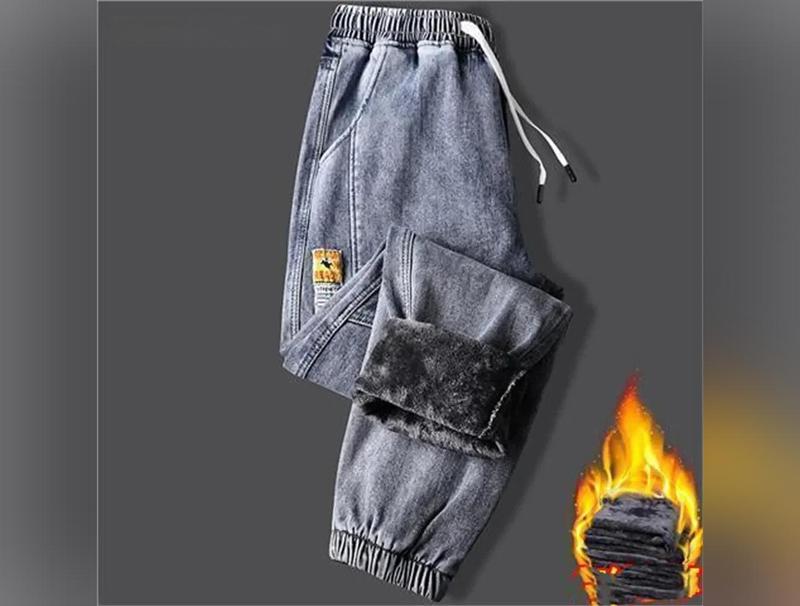 New Men's jeans Winter Fleece Jeans Thick Warm Denim Pants Men Streetwear Black Joggers Harem Jean Thermal Trousersfallclothing