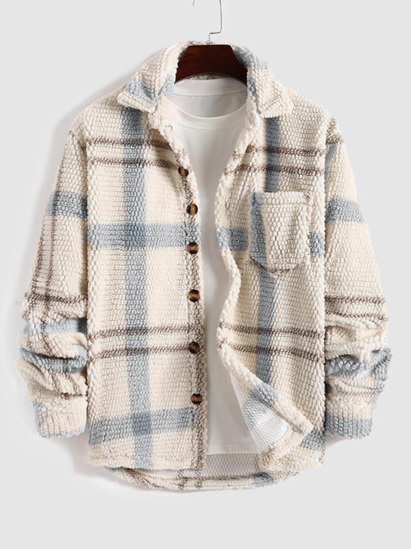 Men's Plaid Print Button Front Fleece Jacket, Casual Regular Fit Long Sleeve Collared Outerwear for Fall & Winter, Jackets for Men 2024, Men's Clothes for Daily Wear