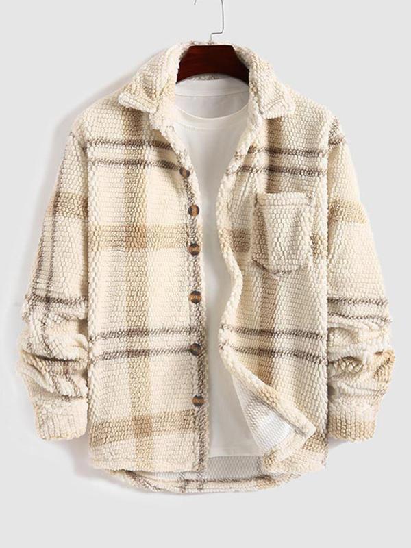 Men's Plaid Print Button Front Fleece Jacket, Casual Regular Fit Long Sleeve Collared Outerwear for Fall & Winter, Jackets for Men 2024, Men's Clothes for Daily Wear