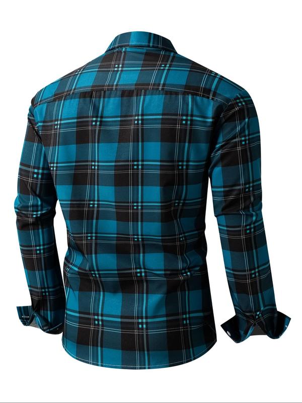 Men's Random Plaid Print Button Front Shirt, Casual Regular Fit Long Sleeve Collared Top for Fall & Winter, Men's Clothes for Daily Wear