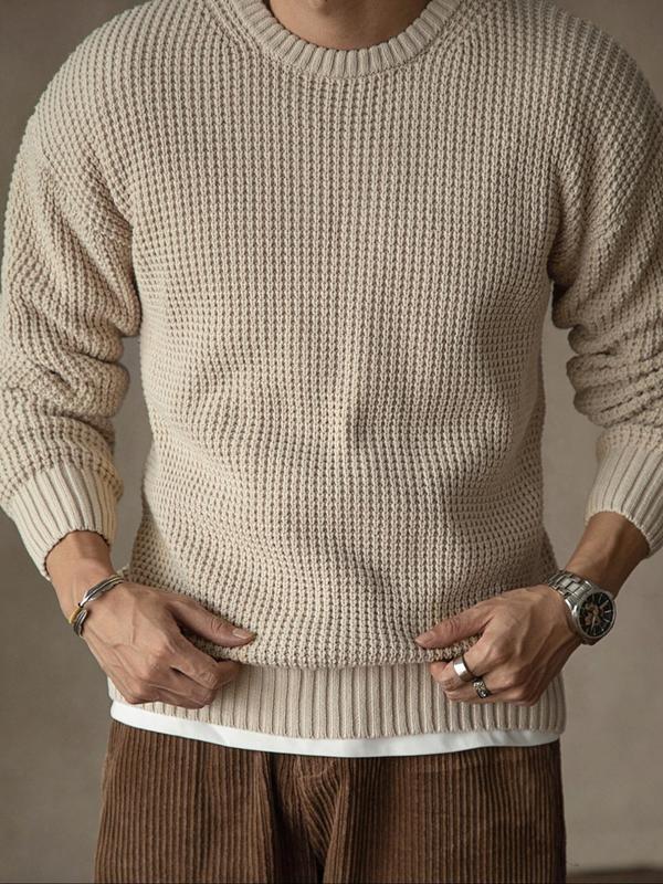 Men's Plain Waffle Knit Sweater, Regular Fit Casual Long Sleeve Round Neck Jumper for Fall & Winter,  Fall Sweater, Men's Knitwear for Daily Wear