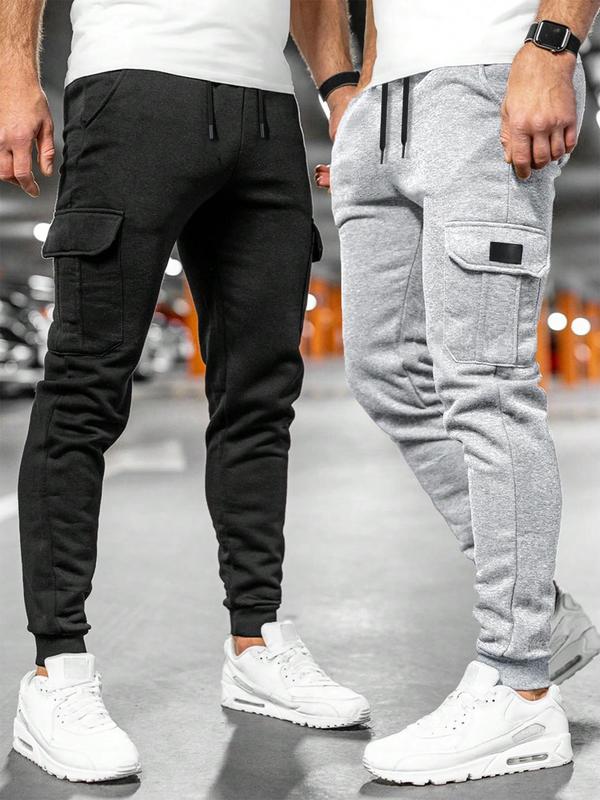 Men's Solid Patched Drawstring Waist Pants, Casual Comfy Pocket Jogger Trousers for Daily Wear, Men's Bottoms for All Seasons