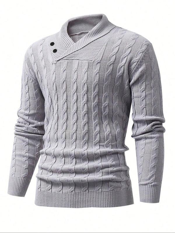 Men's Solid Textured Button Front Drop Shoulder Sweater, Casual Regular Fit Long Sleeve Shawl Collar Jumper for Fall & Winter, Men's Knitwear for Daily Wear