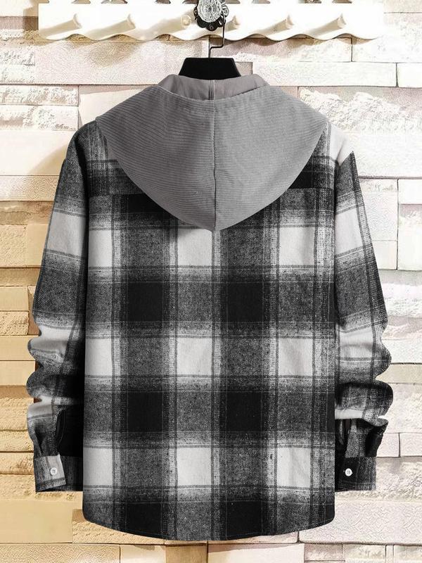 Men's Tartan Print Button Front Shirt & Letter Print Tee Set, Casual Regular Fit Long Sleeve Drawstring Hooded Top & T-shirt for Outdoor Wear, Men's Two-piece Outfits for Fall