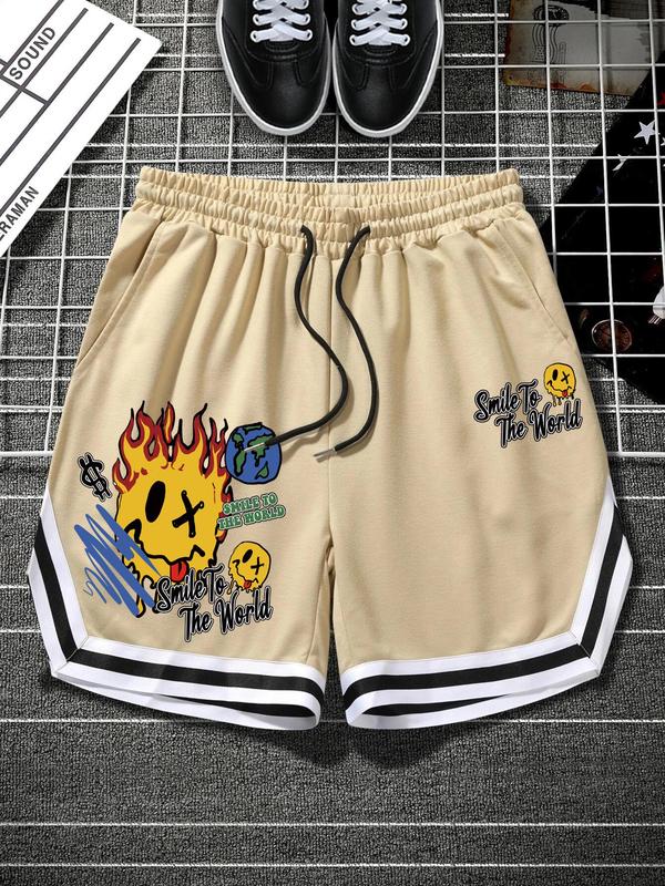 Men's Loose Cartoon Graphic Print Contrast Binding Track Shorts, Casual Pocket Drawstring Waist Shorts for Summer, Fashion Men's Bottoms for Daily Wear