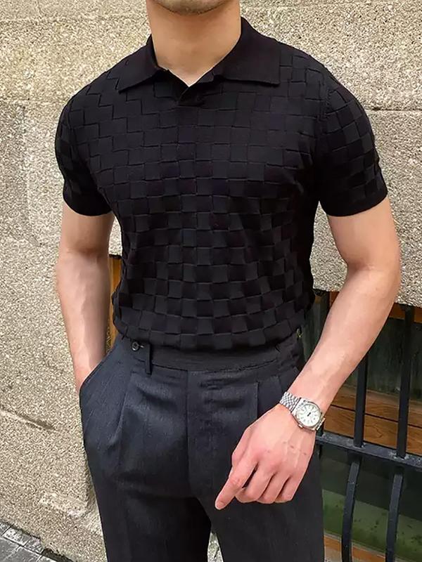 Men's Regular Fit Plaid Pattern Short Sleeve Collared Knit Top, Casual Fashion Knitting Top for Summer, Fashion Men's Knitwear for Daily Wear