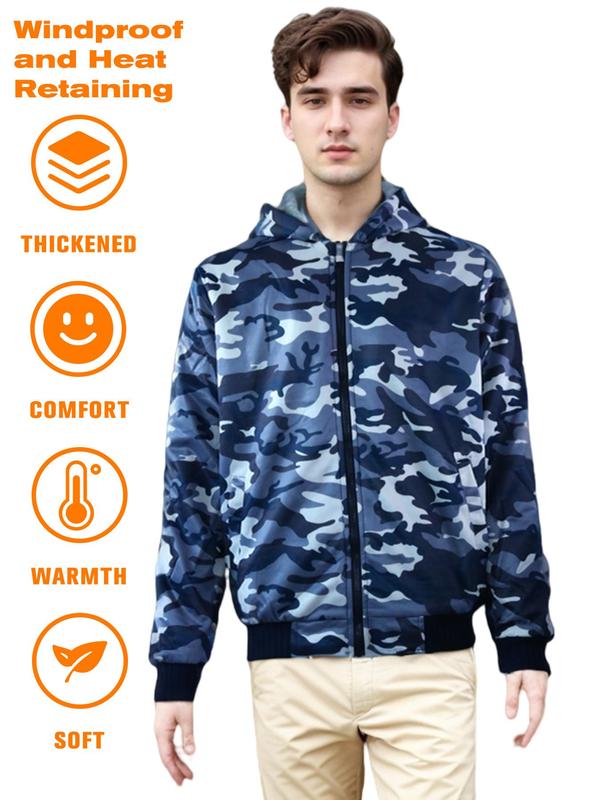 Men's Camo Print Zip Up Thermal Lined Hooded Jacket, Regular Fit Casual Long Sleeve Pocket Zipper Outerwear for Fall & Winter, Men's Sportswear for Outdoor Activities, Winter Coats Tops