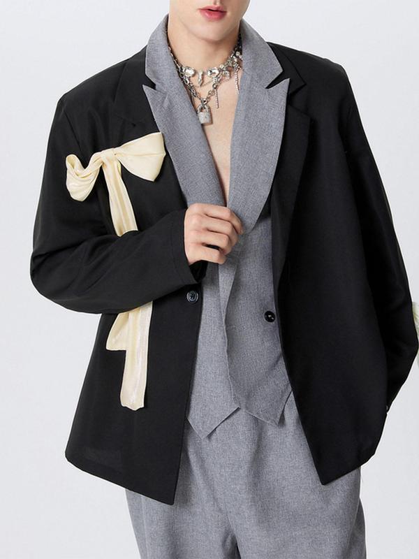 Men's Bow Decor Lapel Blazer, Casual Long Sleeve   Suit Jacket for Fall & Winter, Men's Clothing for Daily Wear