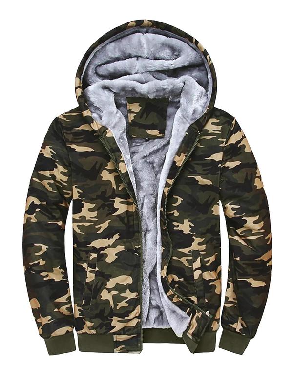 Men's Camo Print Zip Up Thermal Lined Hooded Jacket, Regular Fit Casual Long Sleeve Pocket Zipper Outerwear for Fall & Winter, Men's Sportswear for Outdoor Activities, Winter Coats Tops