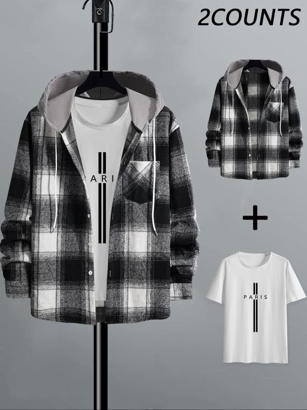 Men's Tartan Print Button Front Shirt & Letter Print Tee Set, Casual Regular Fit Long Sleeve Drawstring Hooded Top & T-shirt for Outdoor Wear, Men's Two-piece Outfits for Fall