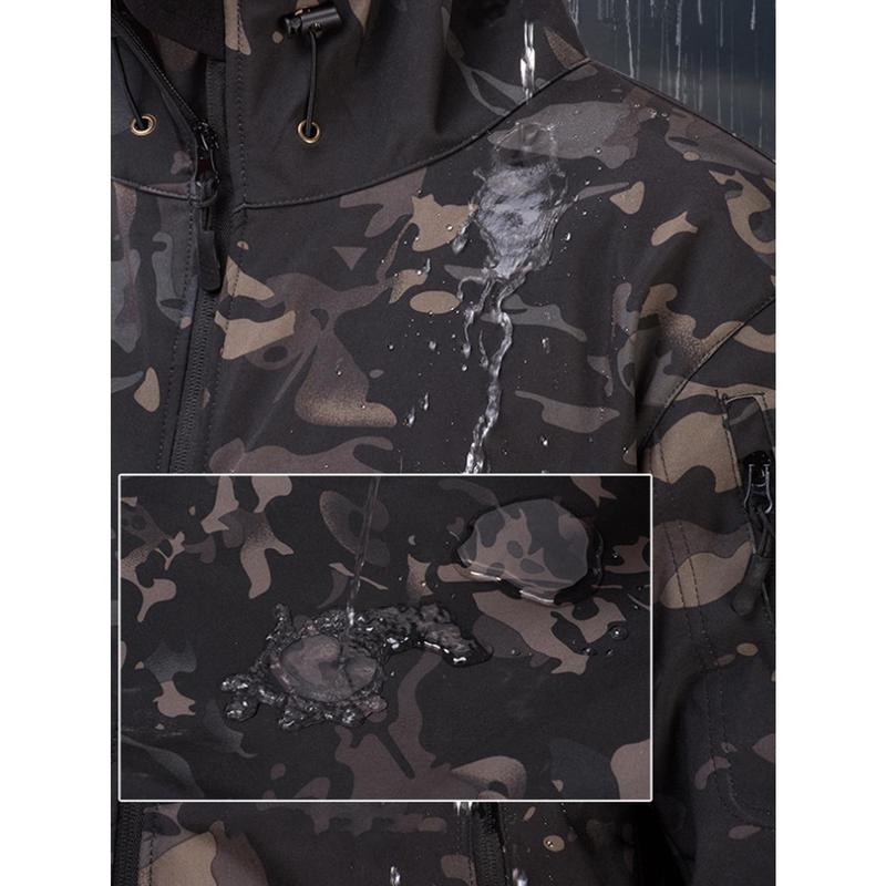 Men's casual camouflage & solid color suit, waterproof plush-lined jacket and pants, multi-pocket design, suitable for outdoor hiking, autumn and winter