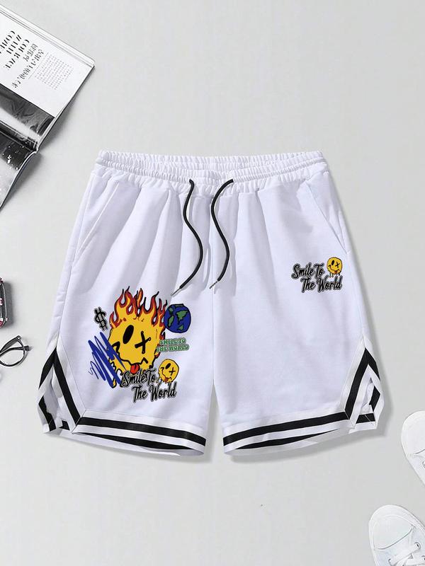 Men's Loose Cartoon Graphic Print Contrast Binding Track Shorts, Casual Pocket Drawstring Waist Shorts for Summer, Fashion Men's Bottoms for Daily Wear