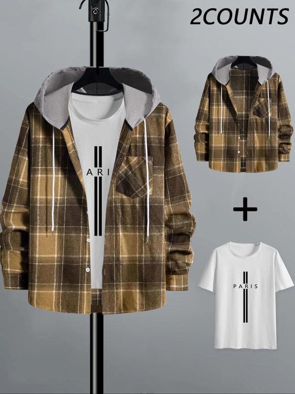 Men's Tartan Print Button Front Shirt & Letter Print Tee Set, Casual Regular Fit Long Sleeve Drawstring Hooded Top & T-shirt for Outdoor Wear, Men's Two-piece Outfits for Fall