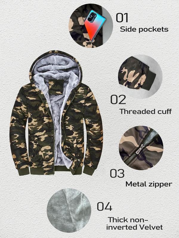 Men's Camo Print Zip Up Thermal Lined Hooded Jacket, Regular Fit Casual Long Sleeve Pocket Zipper Outerwear for Fall & Winter, Men's Sportswear for Outdoor Activities, Winter Coats Tops