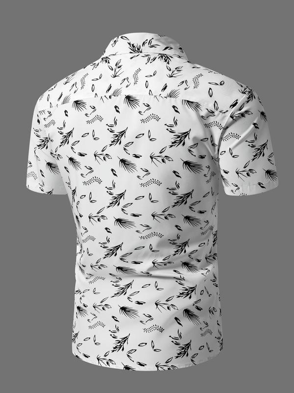 Men's Random Leaf Print Button Front Shirt, Regular Fit Short Sleeve Collar Shirt for Summer, Casual Men's Top for Beach Vacation