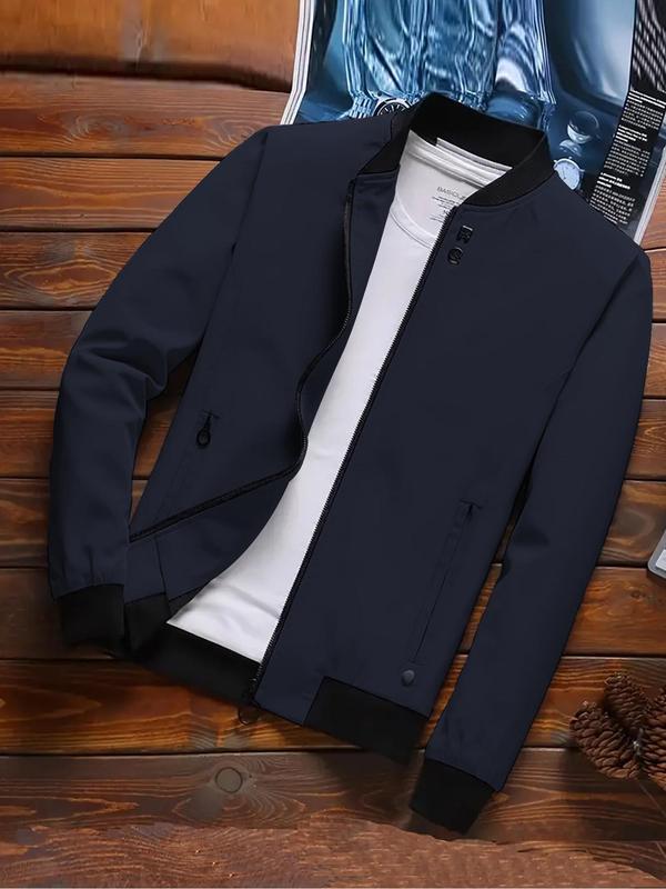 Men's Plain colorblock Zip Up Baseball Collar Jacket, Loose Casual Long Sleeve Pocket Outerwear for Spring & Fall, Fashion Men's Clothes for Daily Wear, Fall Outfits, Fallfreshness