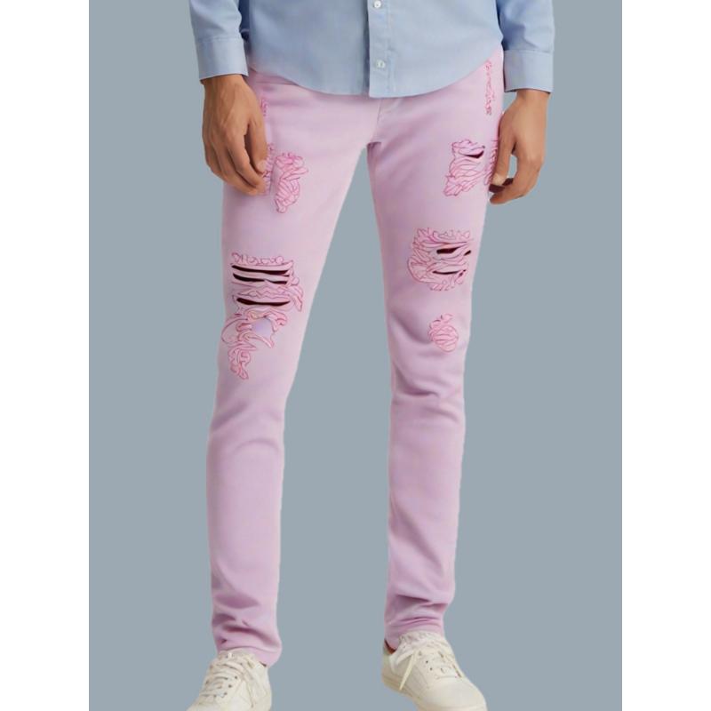 Mens Ripped Jeans - Ultra-Slim Fit, Artfully Distressed Denim, Inspired by Casual Street Style, Fashion-Forward Pants for a Relaxed Vibe Menswear Polyester Trouser Streetwear Fabric Cotton