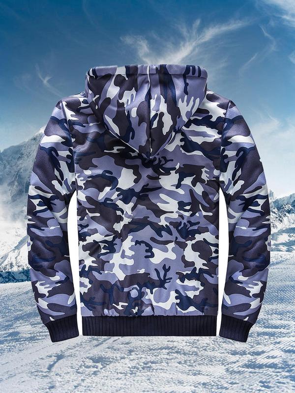 Men's Camo Print Zip Up Thermal Lined Hooded Jacket, Regular Fit Casual Long Sleeve Pocket Zipper Outerwear for Fall & Winter, Men's Sportswear for Outdoor Activities, Winter Coats Tops